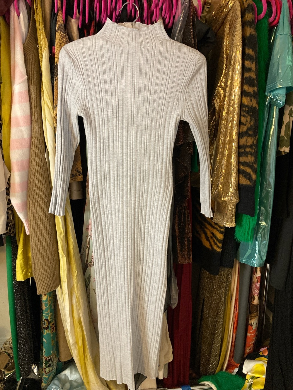 Cream Ribbed Maxi Sweater Dress with Mock Neck